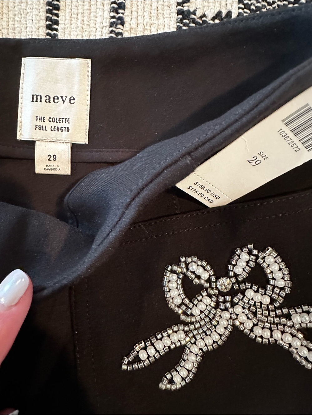 Anthropologie Maeve Colette Black Straight-Leg Pants with Beaded Bow Accent